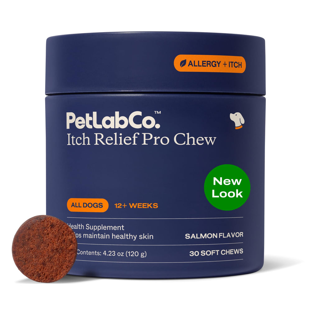 PetLab Co Salmon Itch Relief Chew packaging shows USA-made formula and seasonal comfort.