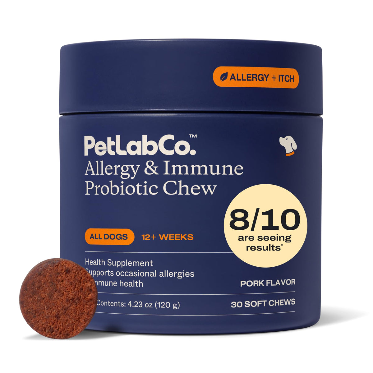 PetLab Co. pork-flavored probiotic chews for dogs support seasonal allergies and gut balance.