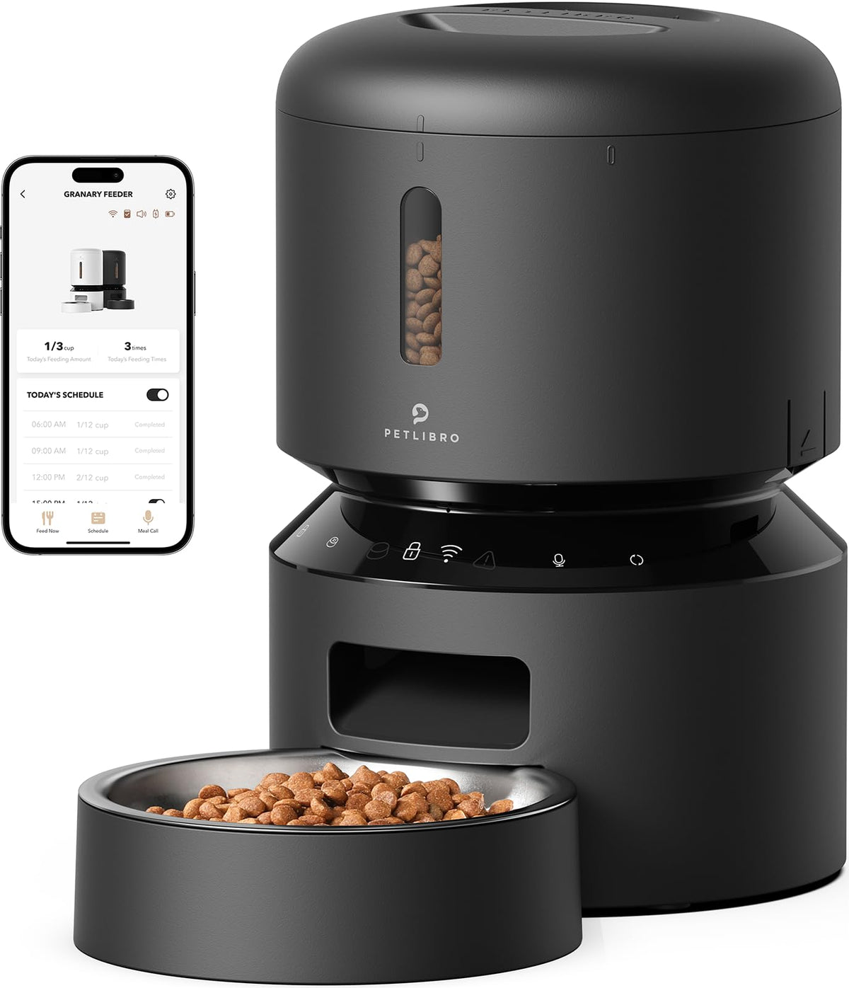 PETLIBRO automatic cat feeder front view highlighting compact design for small spaces.