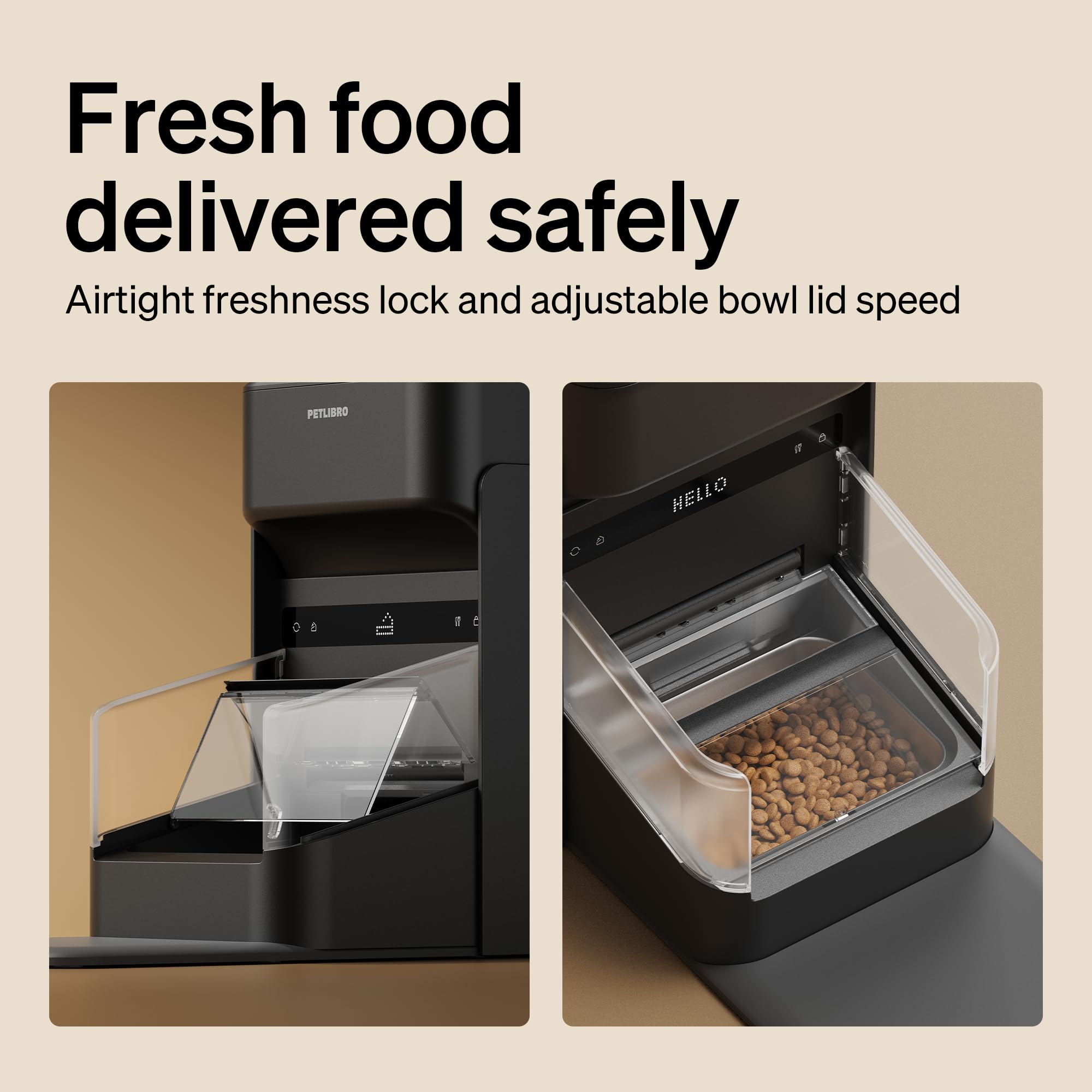 PETLIBRO RFID feeder close-up lid emphasizes secure feeding control.