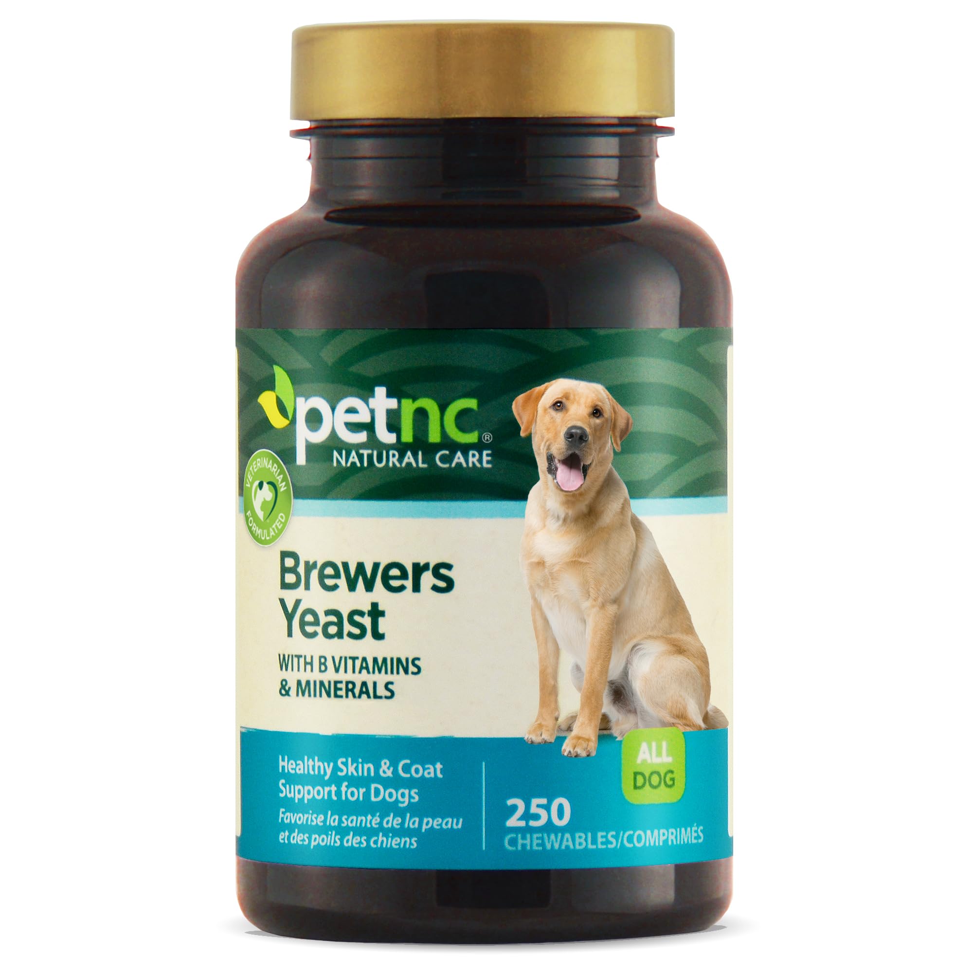 PetNC Natural Care Brewers Yeast chews in bottle promote a glossy coat.