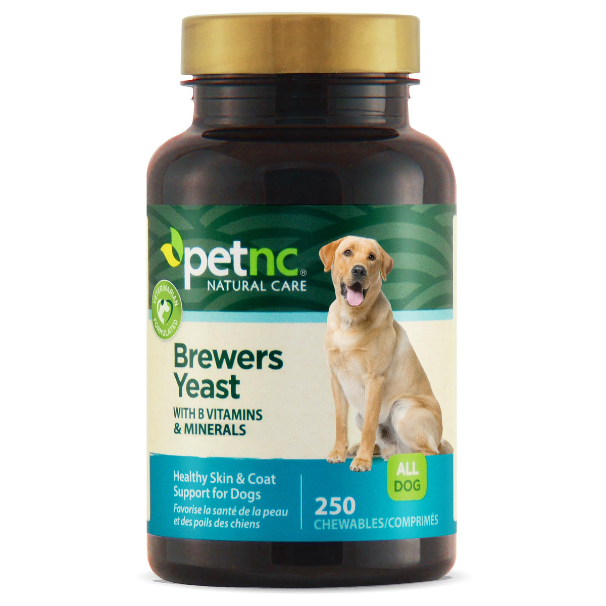 PetNC Natural Care Brewers Yeast chews in bottle promote a glossy coat.
