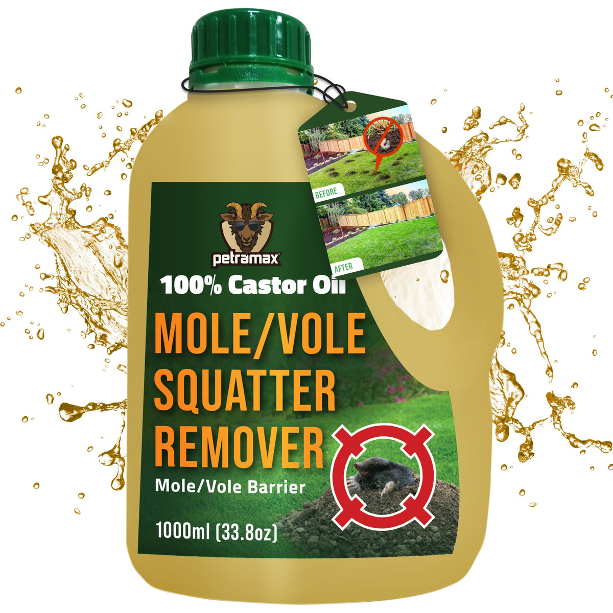 PetraMax Castor Oil Mole Repellent bottle for pet-safe lawn protection.