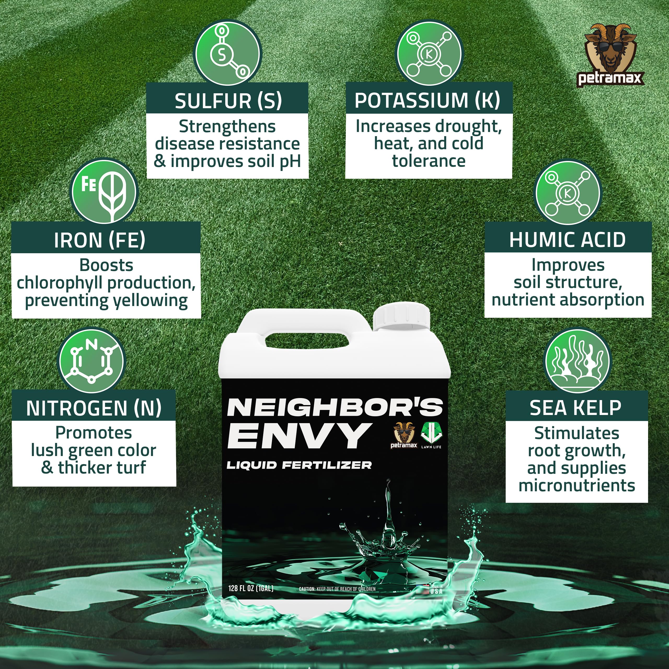 PetraMax Neighbor's Envy nutrient label highlights nitrogen and iron for deep color.