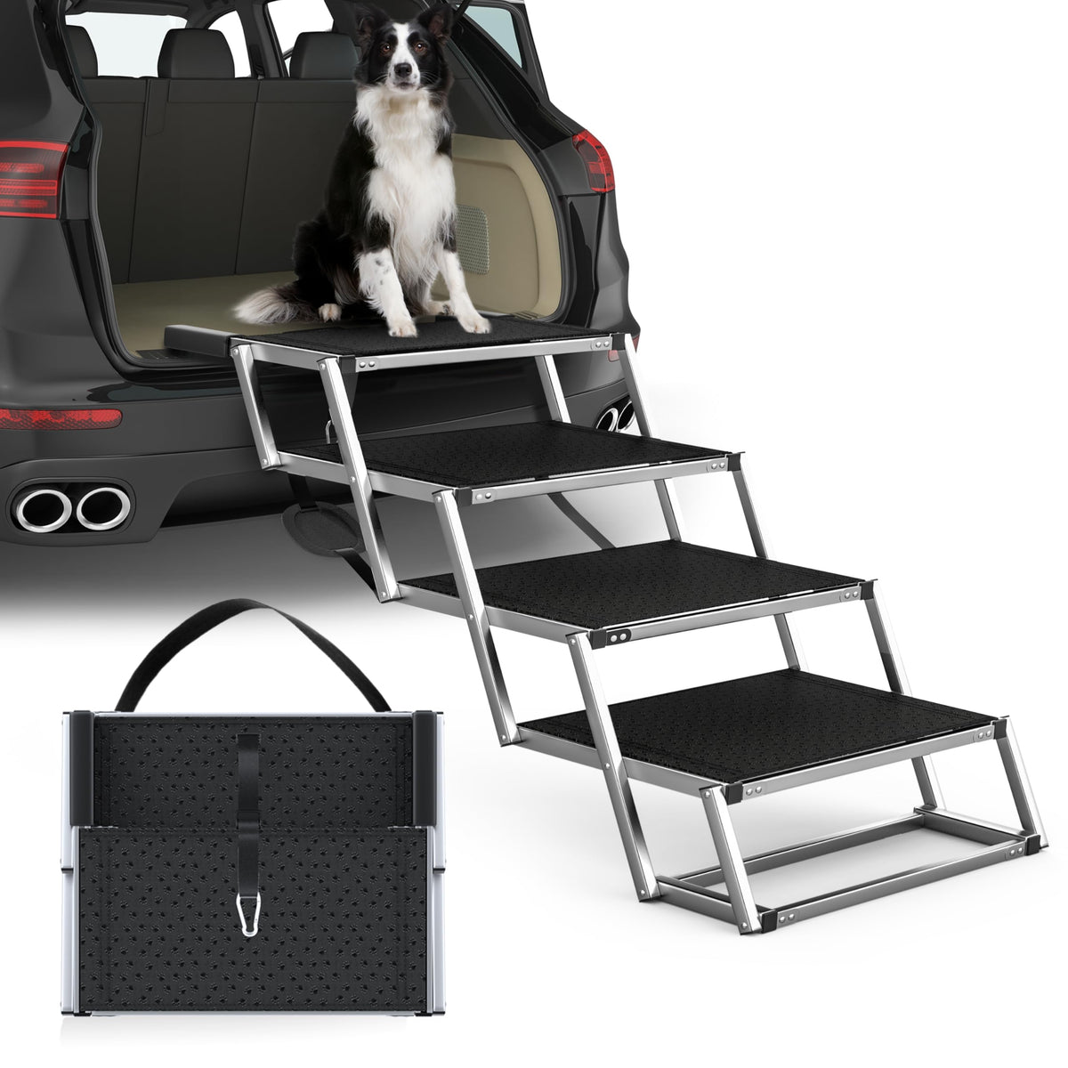 PetRuna extra-wide four-step dog stairs provide stable support for larger dogs.