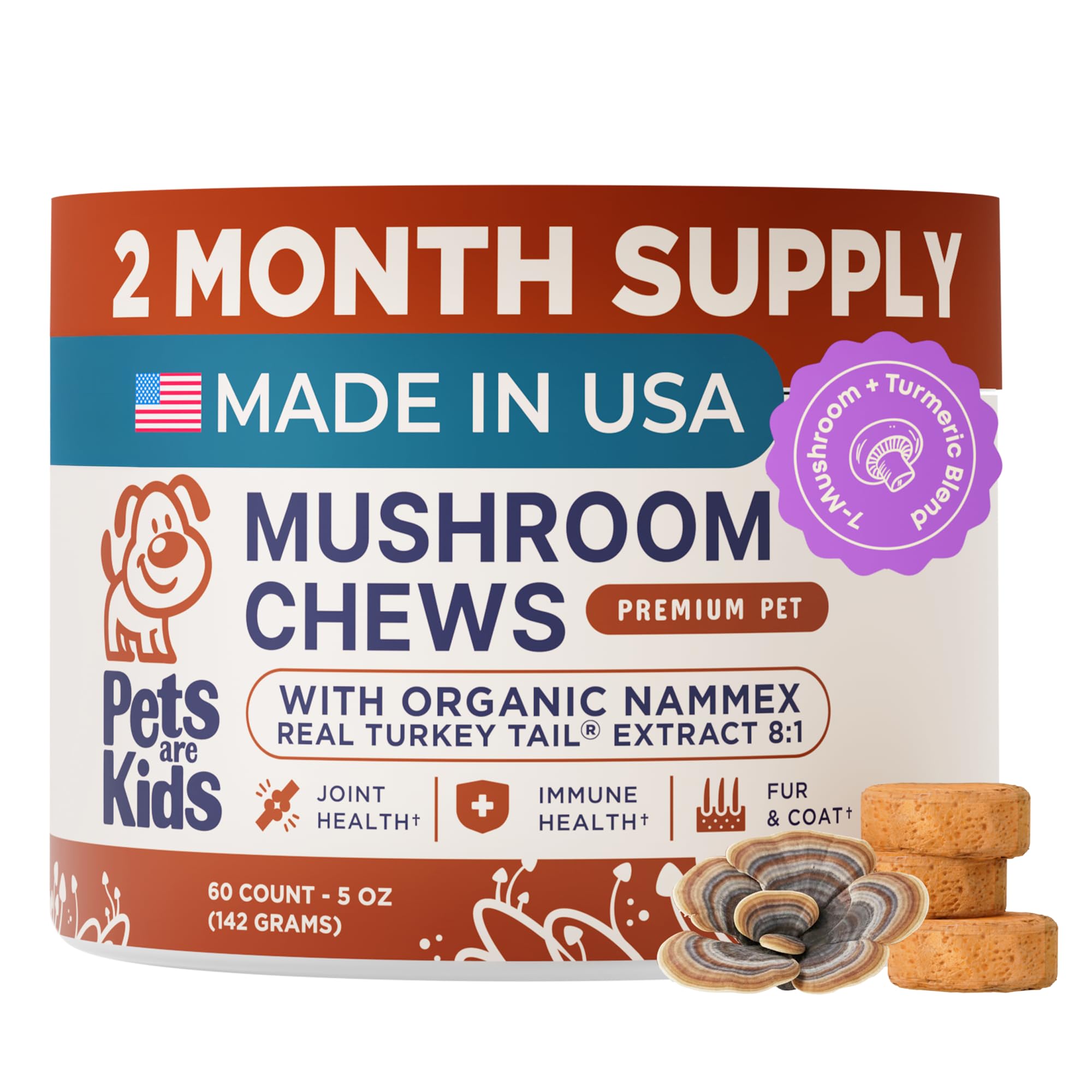 Pets Are Kids Too turkey tail mushroom chews bottle promoting daily dog wellness.