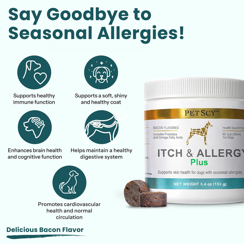 Petscy Itch & Allergy Plus bottle features colostrum boost for skin support.