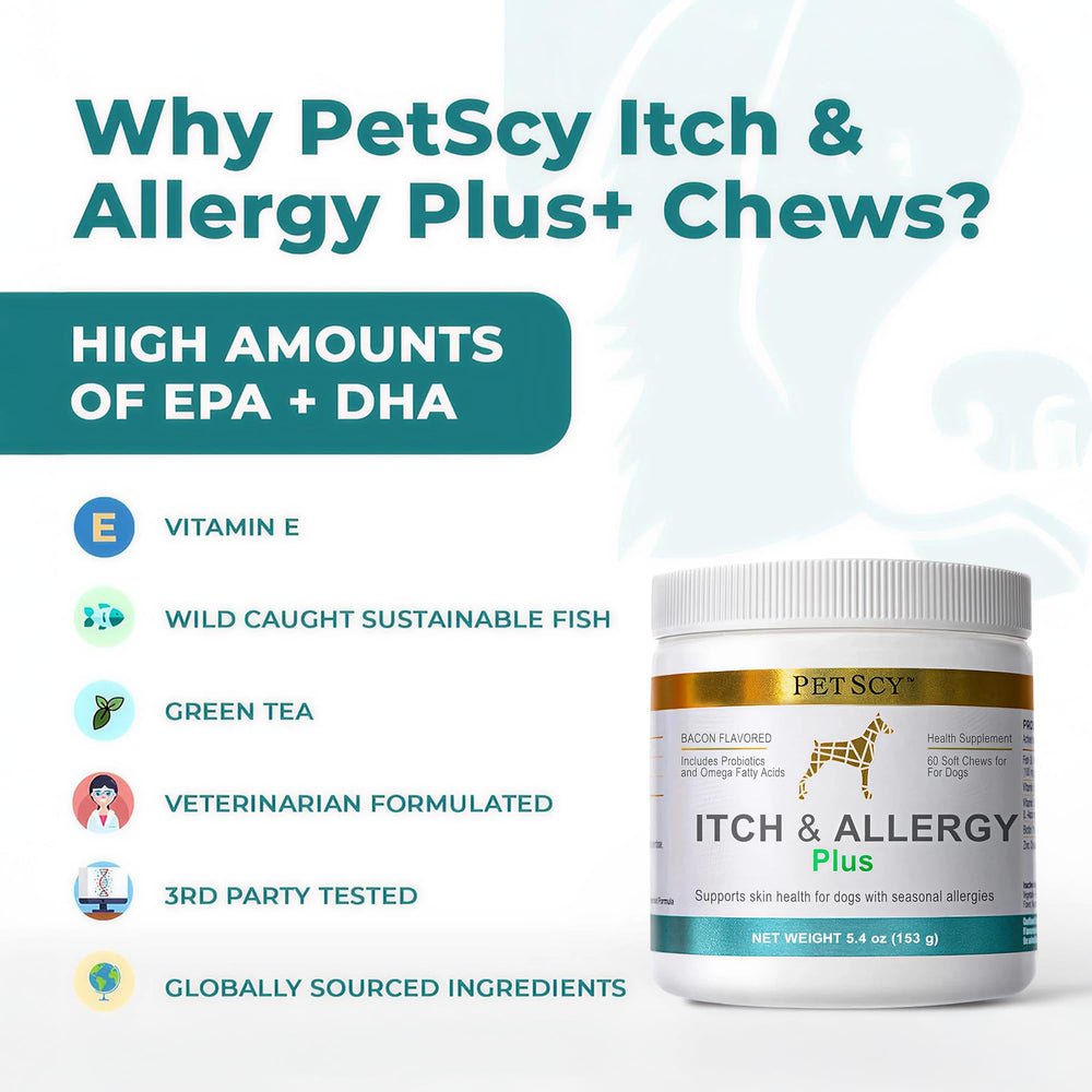 Petscy Itch & Allergy Plus made in USA manufacturing note on carton.