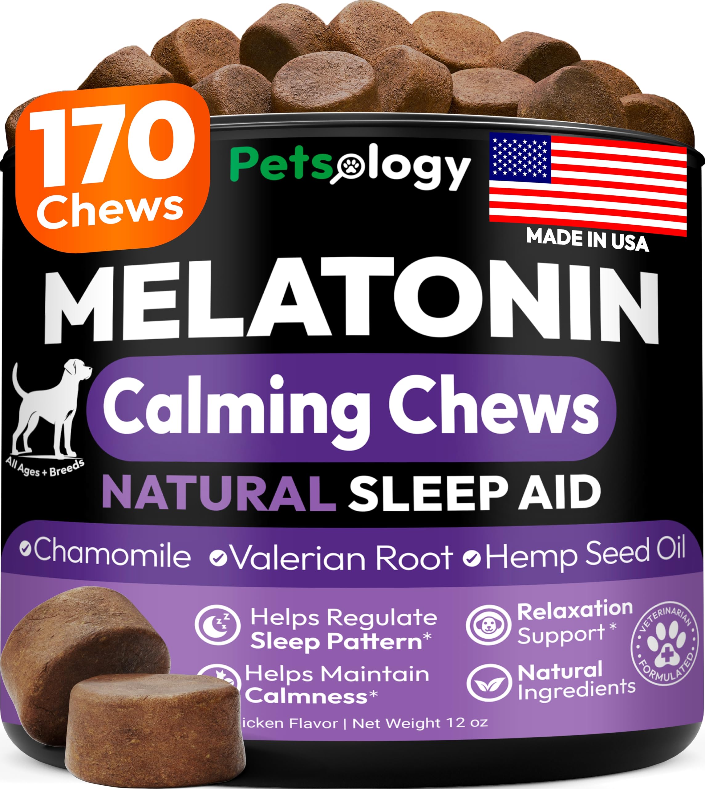 Petsology Advanced Melatonin for Dogs chews bottle offers calming sleep support for dogs.