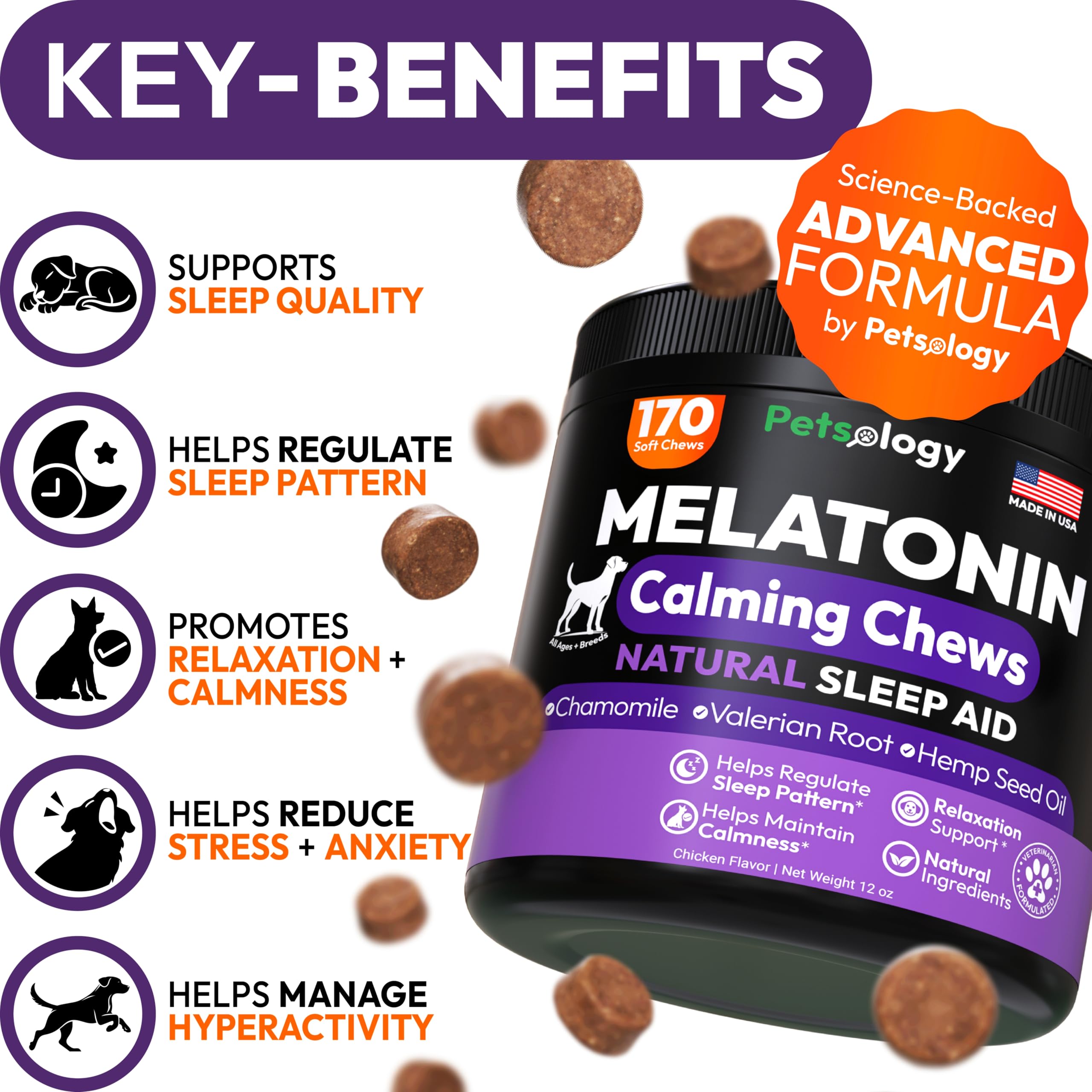 Petsology Advanced Melatonin chews closeup—tasty hemp-calming treat for pets.