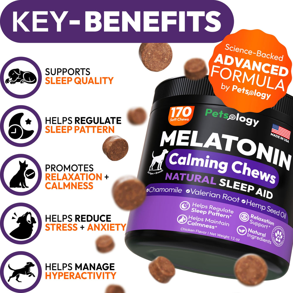 Petsology Advanced Melatonin chews closeup—tasty hemp-calming treat for pets.