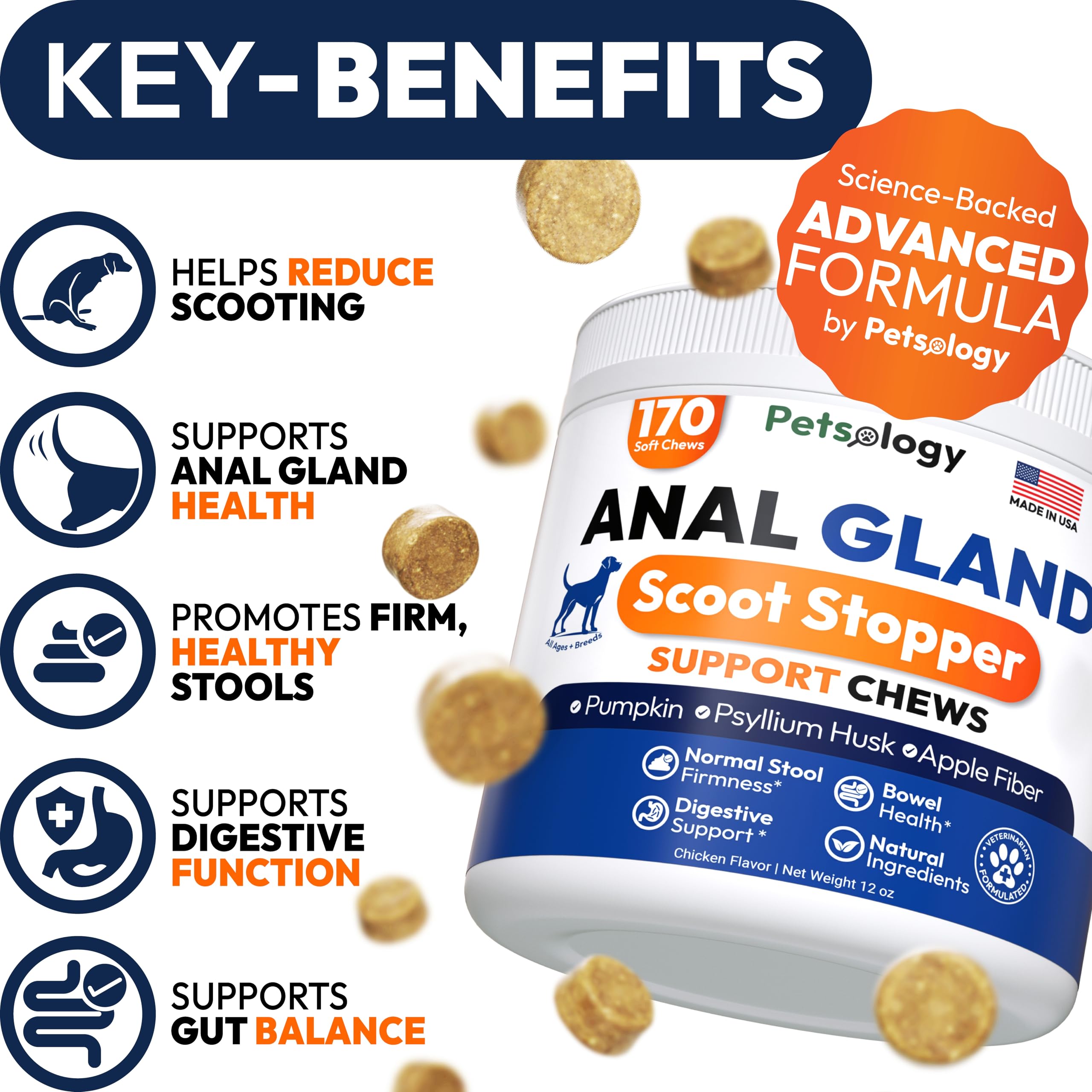 Petsology dog chews with psyllium husk for fiber and regular stools.