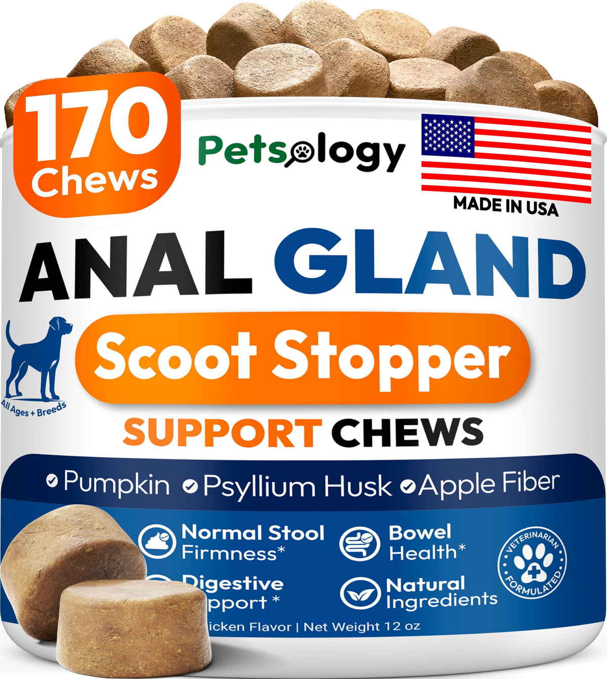Petsology Anal Gland Chews with pumpkin support gut comfort for dogs.