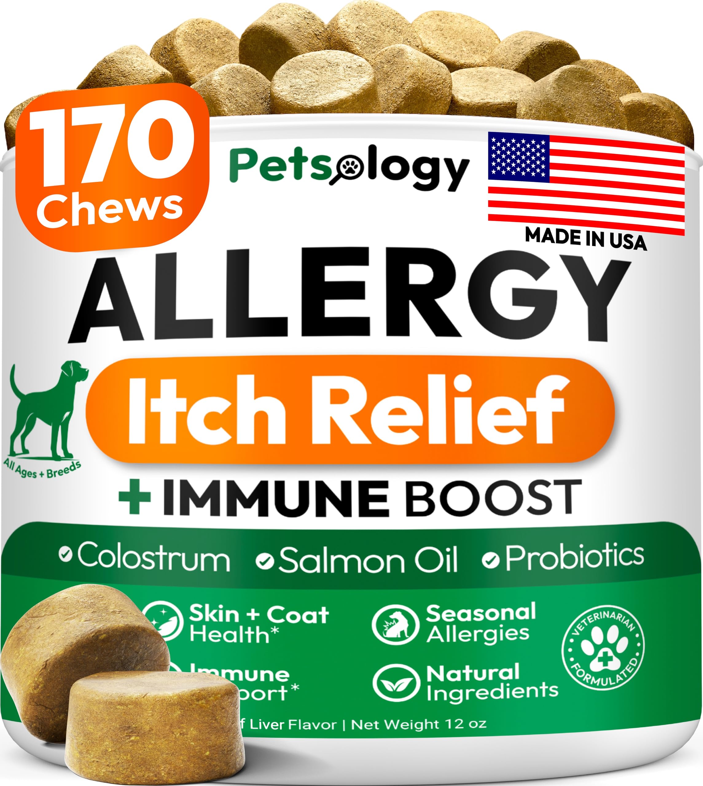 Petsology Dog Allergy Relief Chews bottle shows omega-3 benefits for itchy skin.