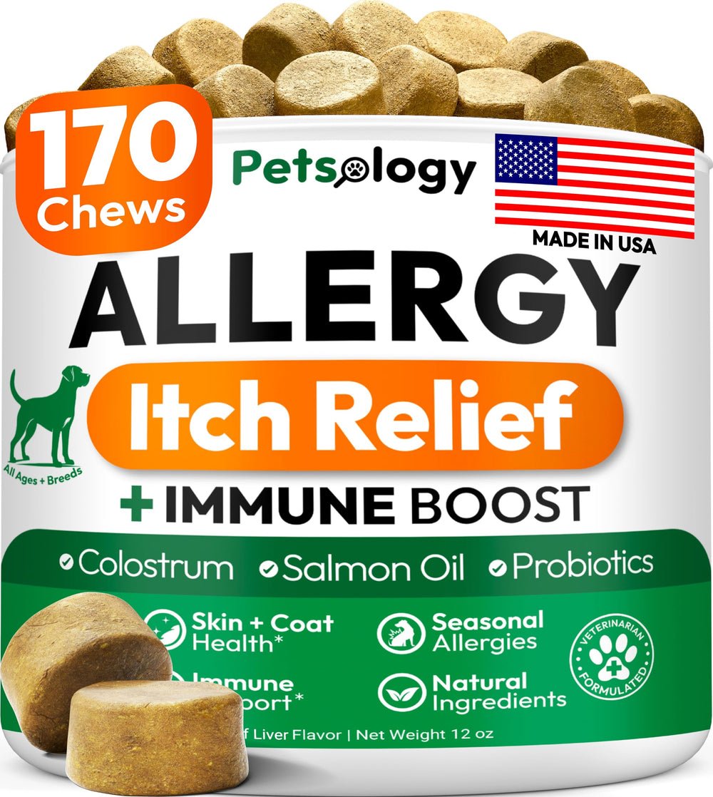 Petsology Dog Allergy Relief Chews bottle shows omega-3 benefits for itchy skin.