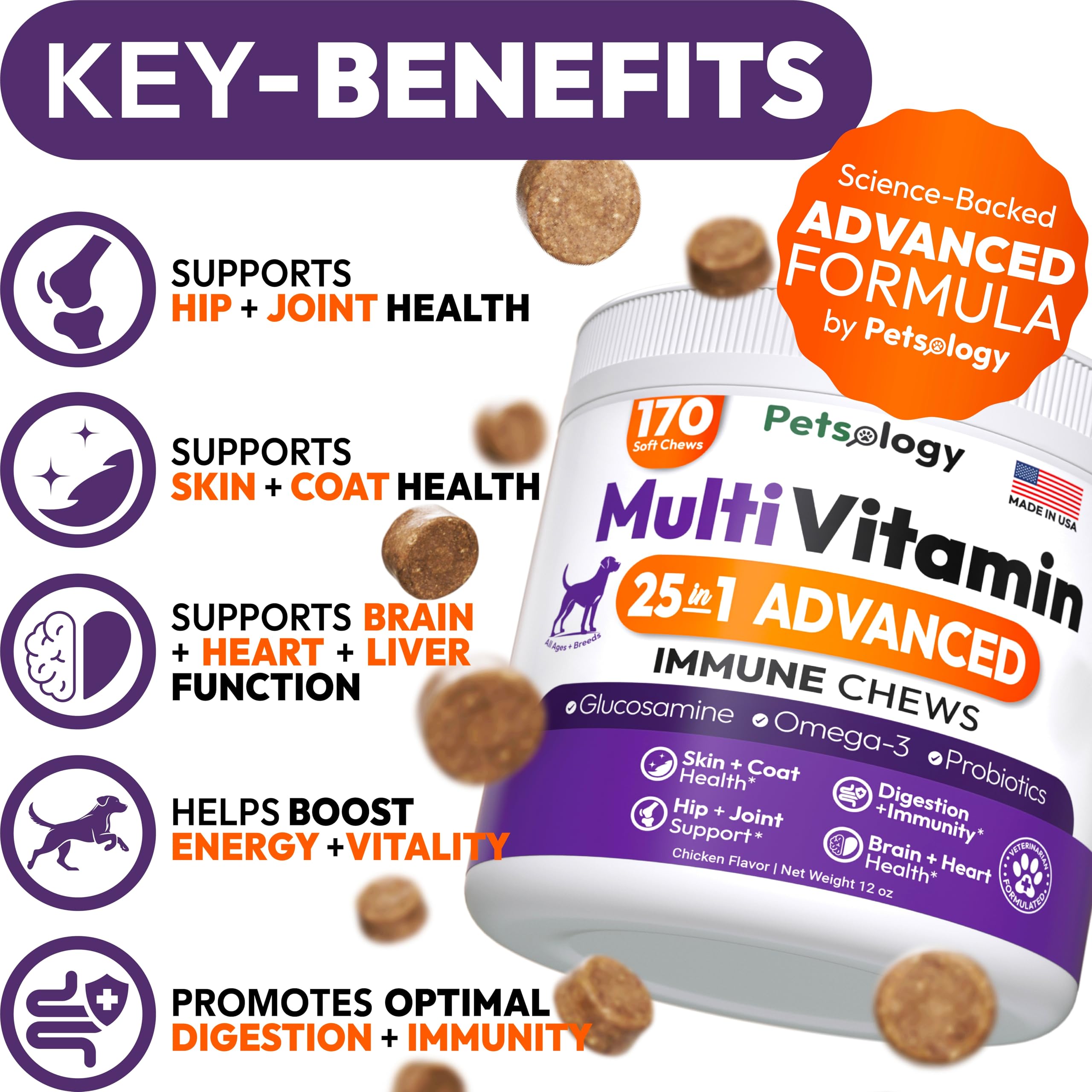 Petsology dog multivitamin chewables closeup highlights tasty daily treats