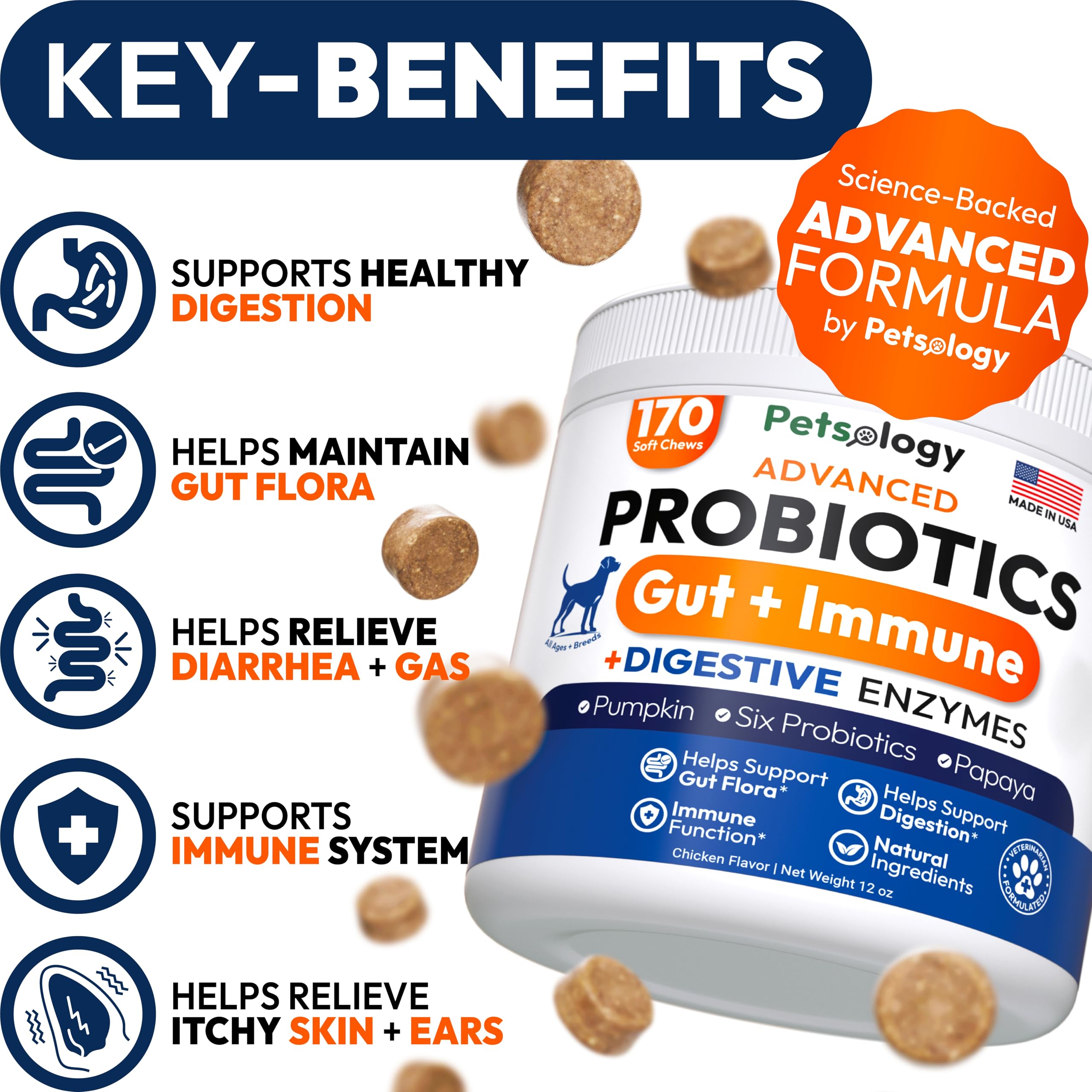 Petsology dog probiotics chews packaging highlights natural ingredients and prebiotics.