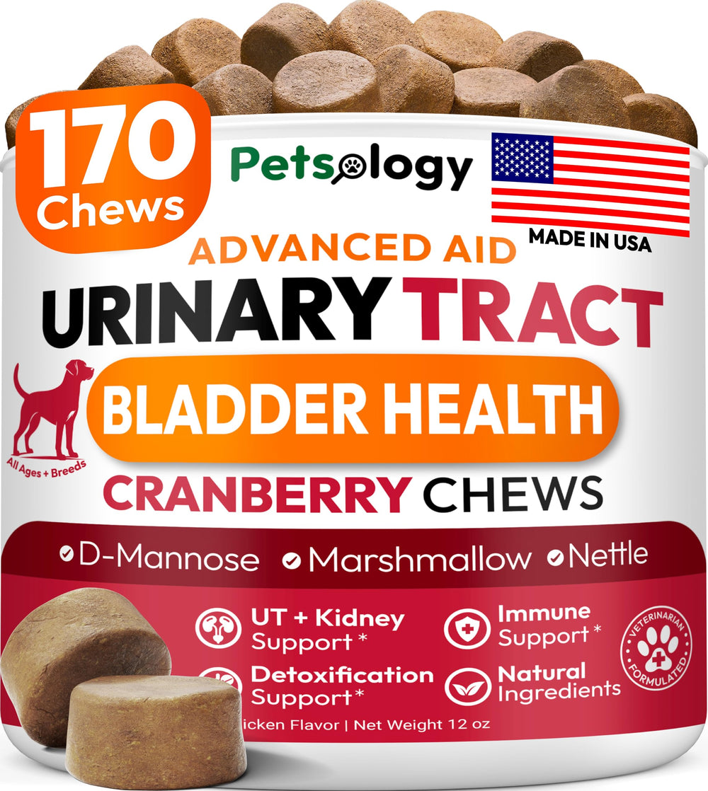 Petsology dog uti chews bottle shows daily urinary support for dogs.