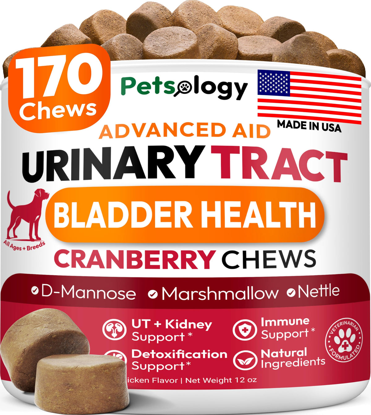 Petsology dog uti chews bottle shows daily urinary support for dogs.