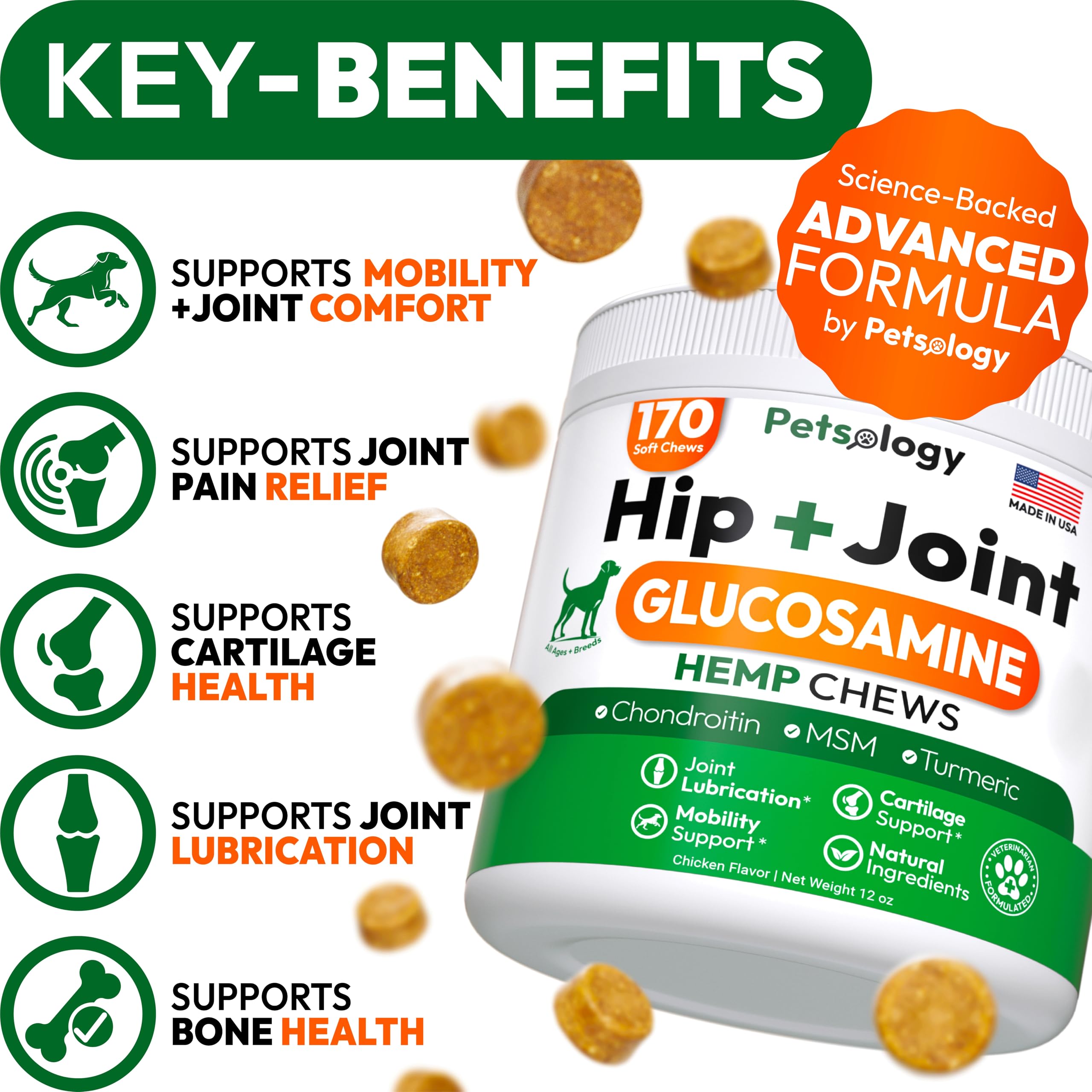 Petsology glucosamine-dog-chews-pack demonstrates daily joint support for active dogs