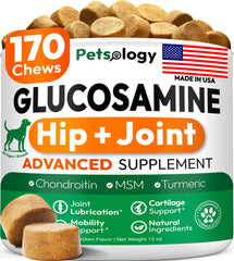 Petsology glucosamine dog chews bottle front for joint mobility support