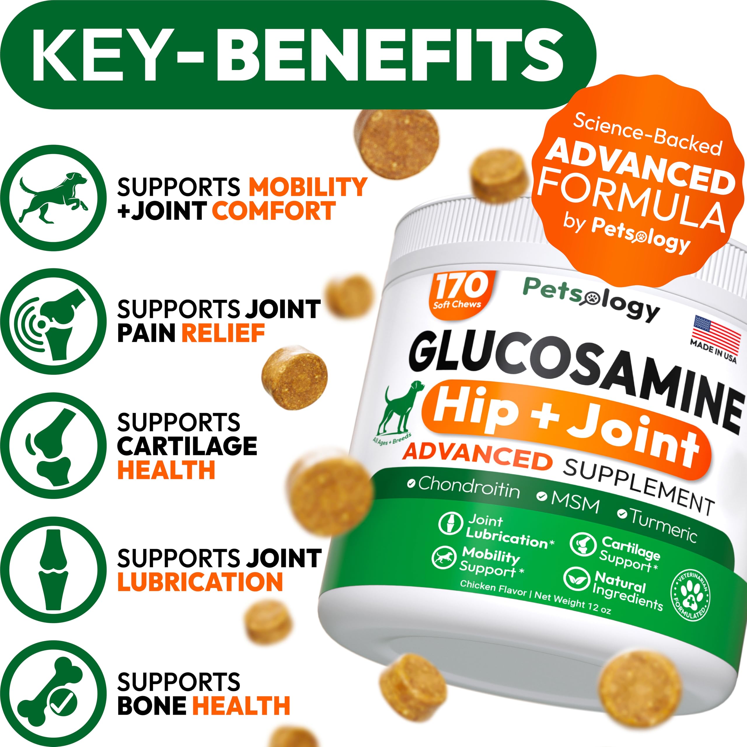 Petsology glucosamine dog chews overview pack highlights ingredients for hip and joint care