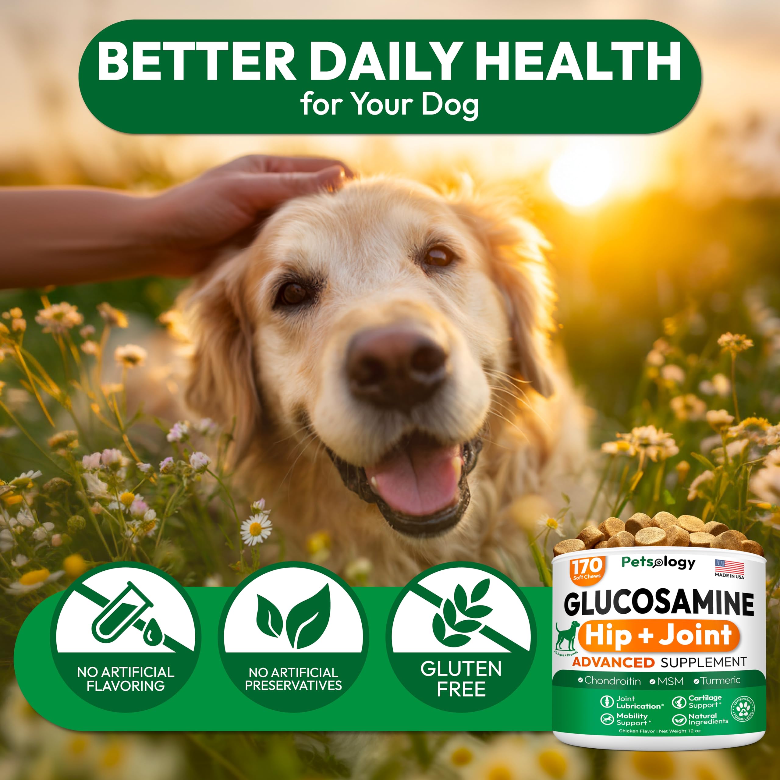 Petsology glucosamine dog chews packaging indicating dosage guidance on the label