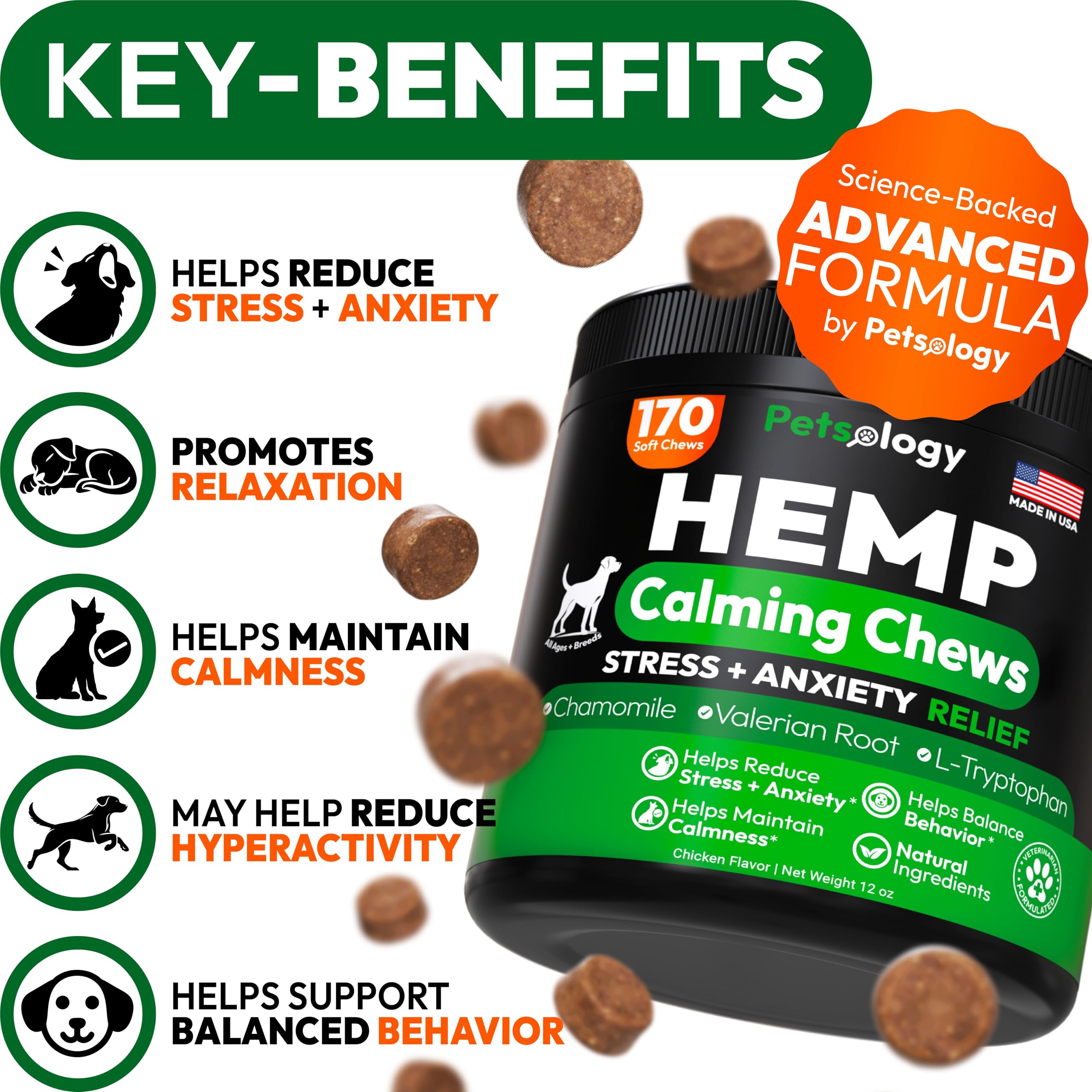 Petsology Hemp Calming Chews closeup of treats supports calm behavior on trips