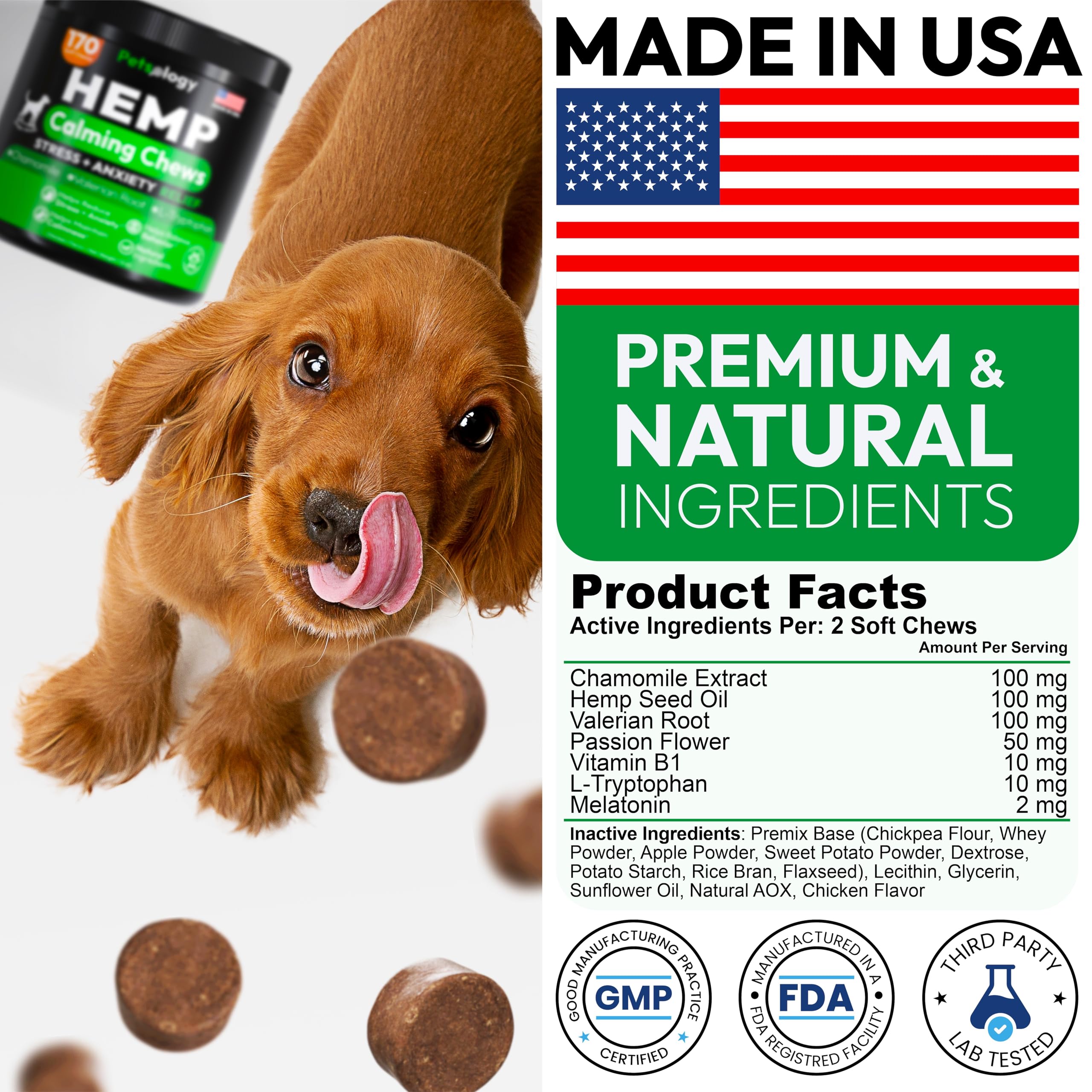 Petsology Hemp Calming Chews melatonin ingredient section emphasizing rest