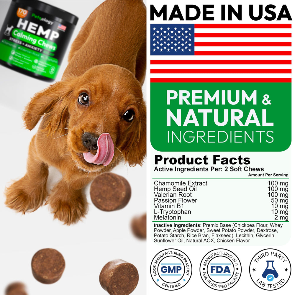 Petsology Hemp Calming Chews melatonin ingredient section emphasizing rest