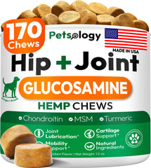 Petsology hemp-hip-joint bottle closeup showing mobility support for dogs