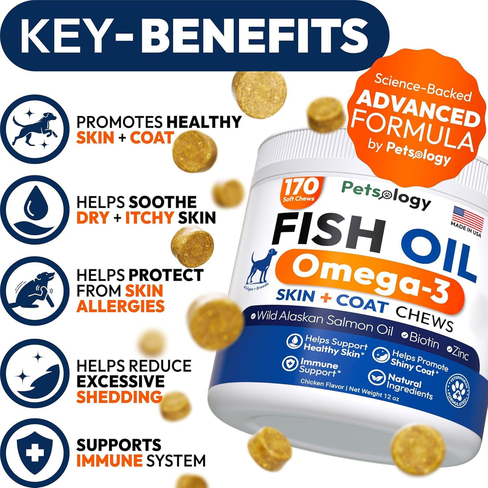 Petsology Omega 3 chews close-up highlighting chewy texture for daily use.