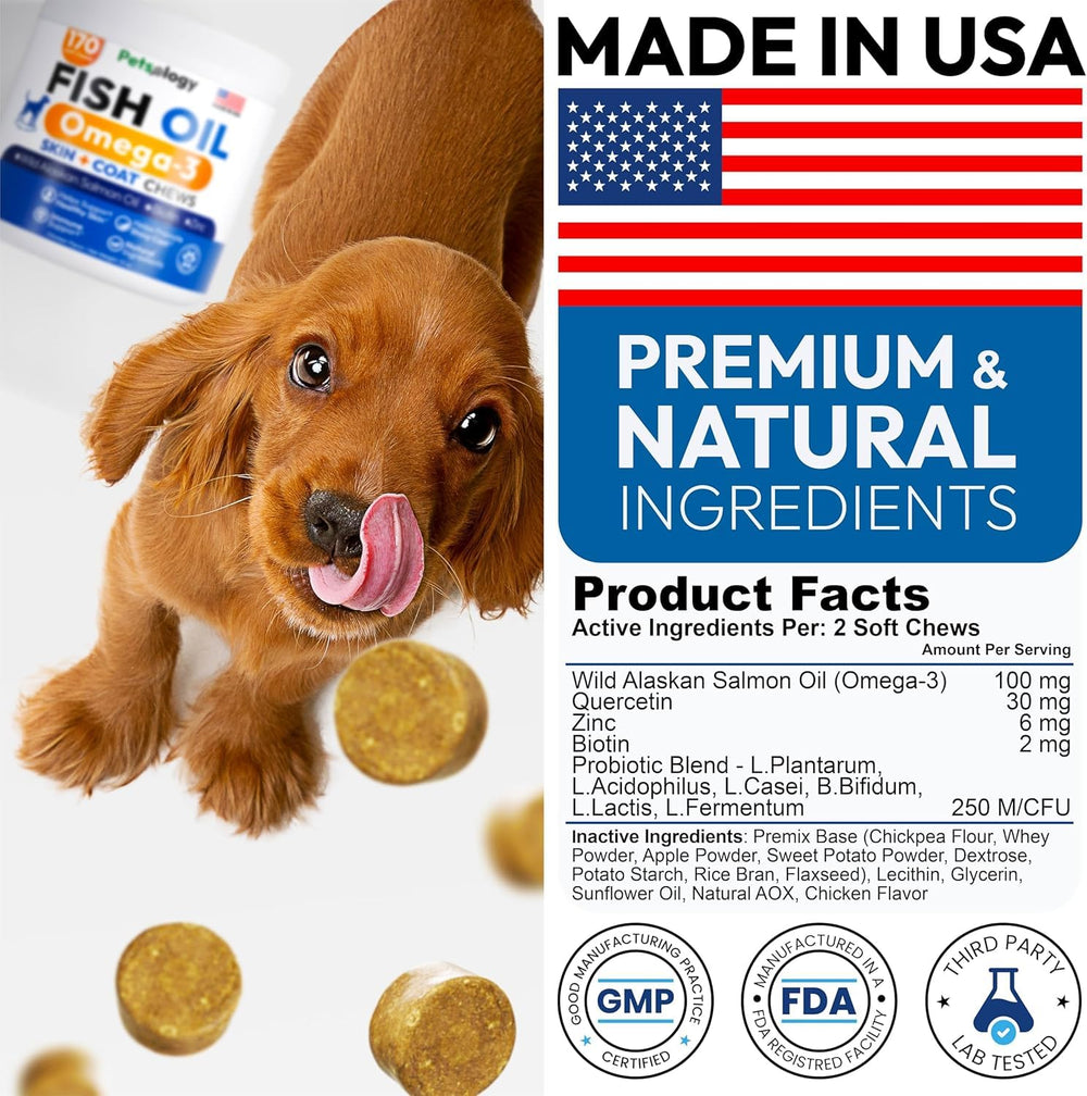 Petsology Omega 3 for Dogs made in USA label on bottle.