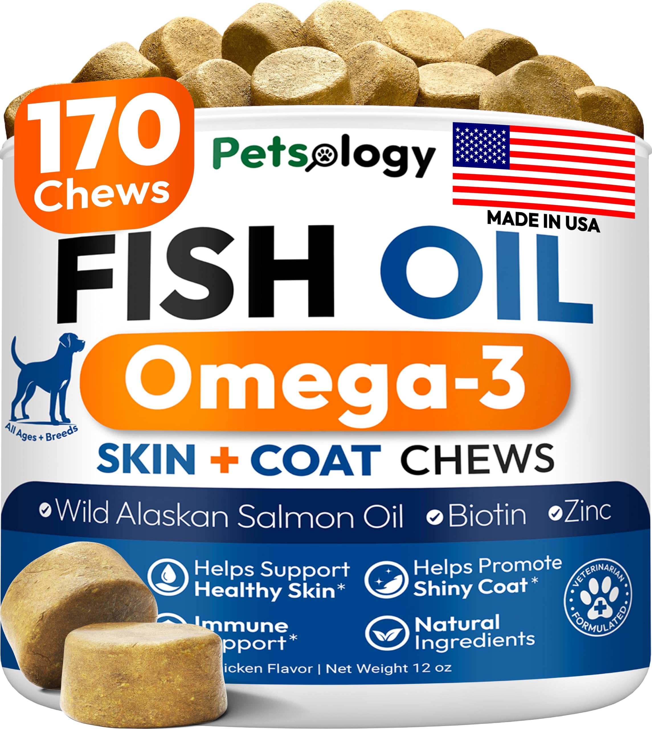 Petsology Omega 3 Fish Oil for Dogs packaging showing label for skin and coat.
