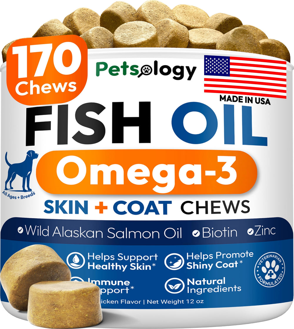 Petsology Omega 3 Fish Oil for Dogs packaging showing label for skin and coat.