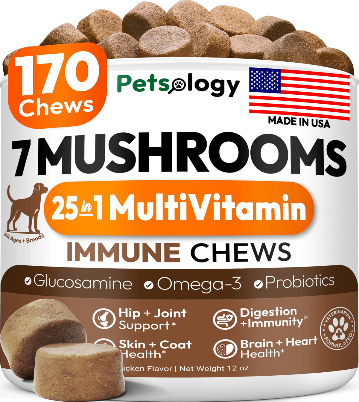 Petsology turkey-tail dog bottle highlights immune support chews for daily vitality
