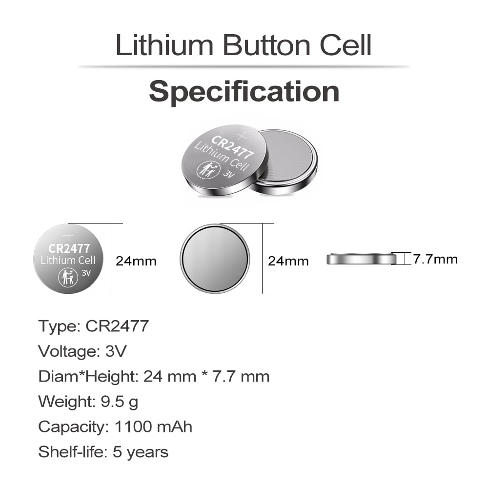 PGSONIC CR2477 3V battery dimensions, compact size suits wearables.