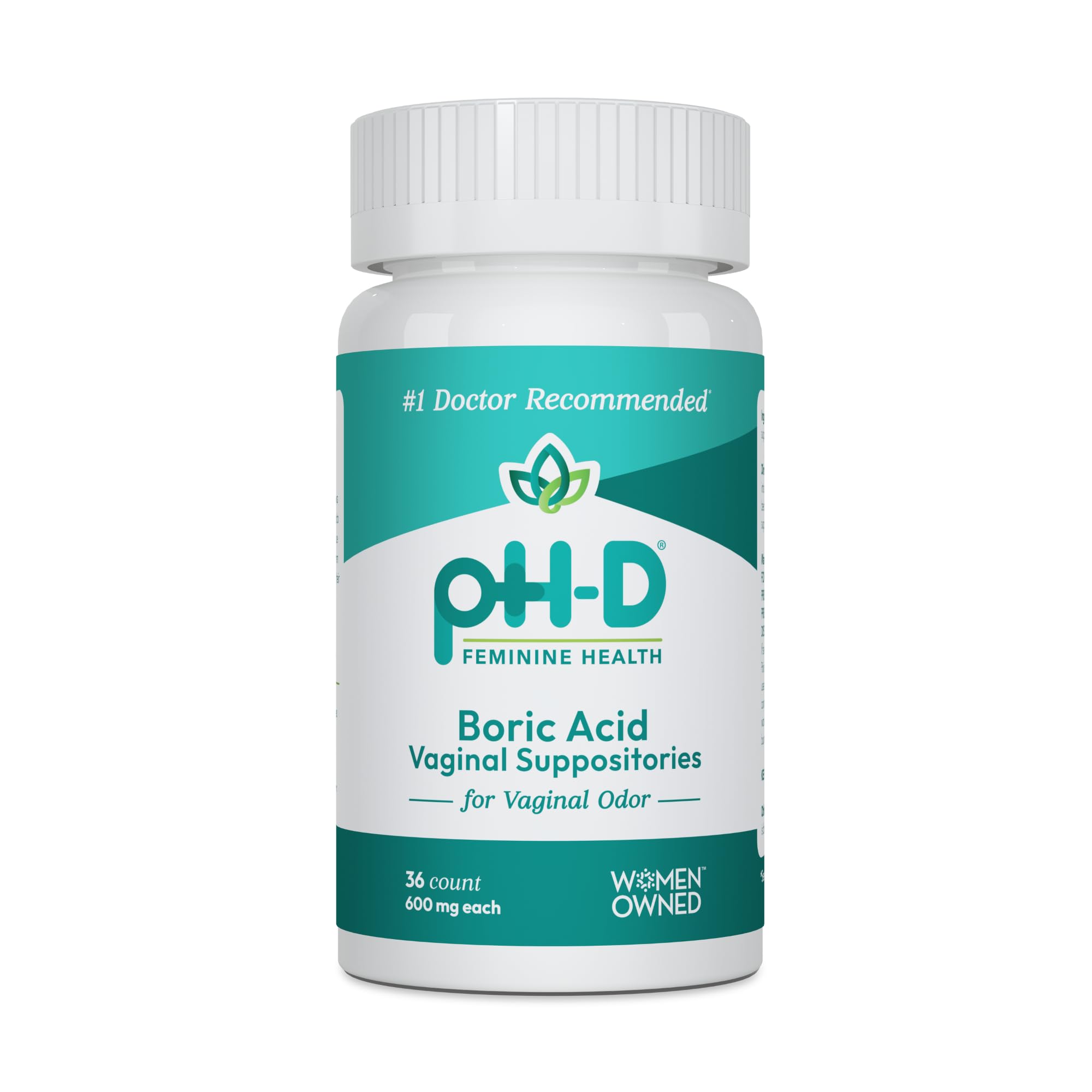pH-D Feminine Health Support boric acid suppositories 600 mg box shows 36-count package for vaginal odor support