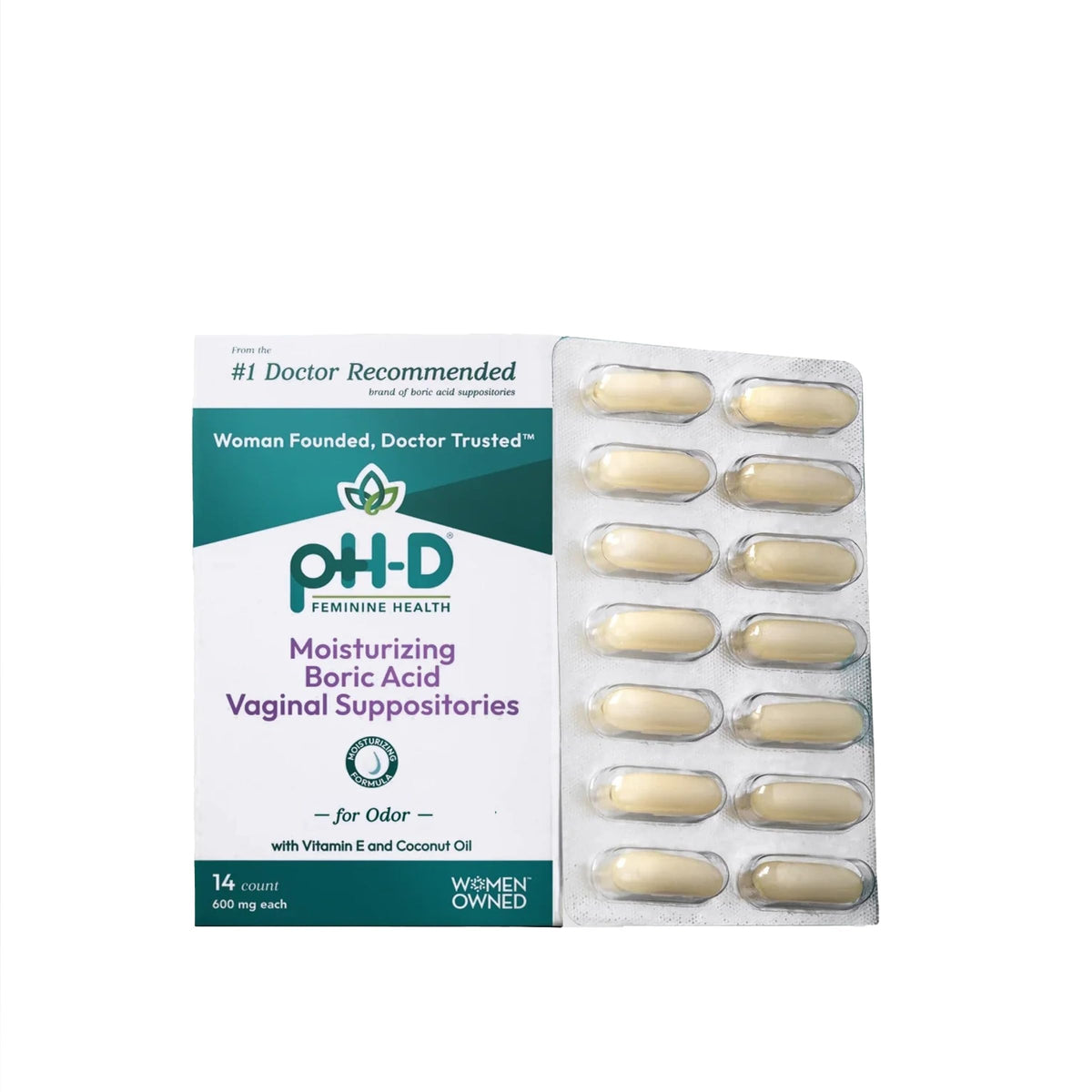 pH-D feminine health support box front view, trusted woman-owned care for comfort