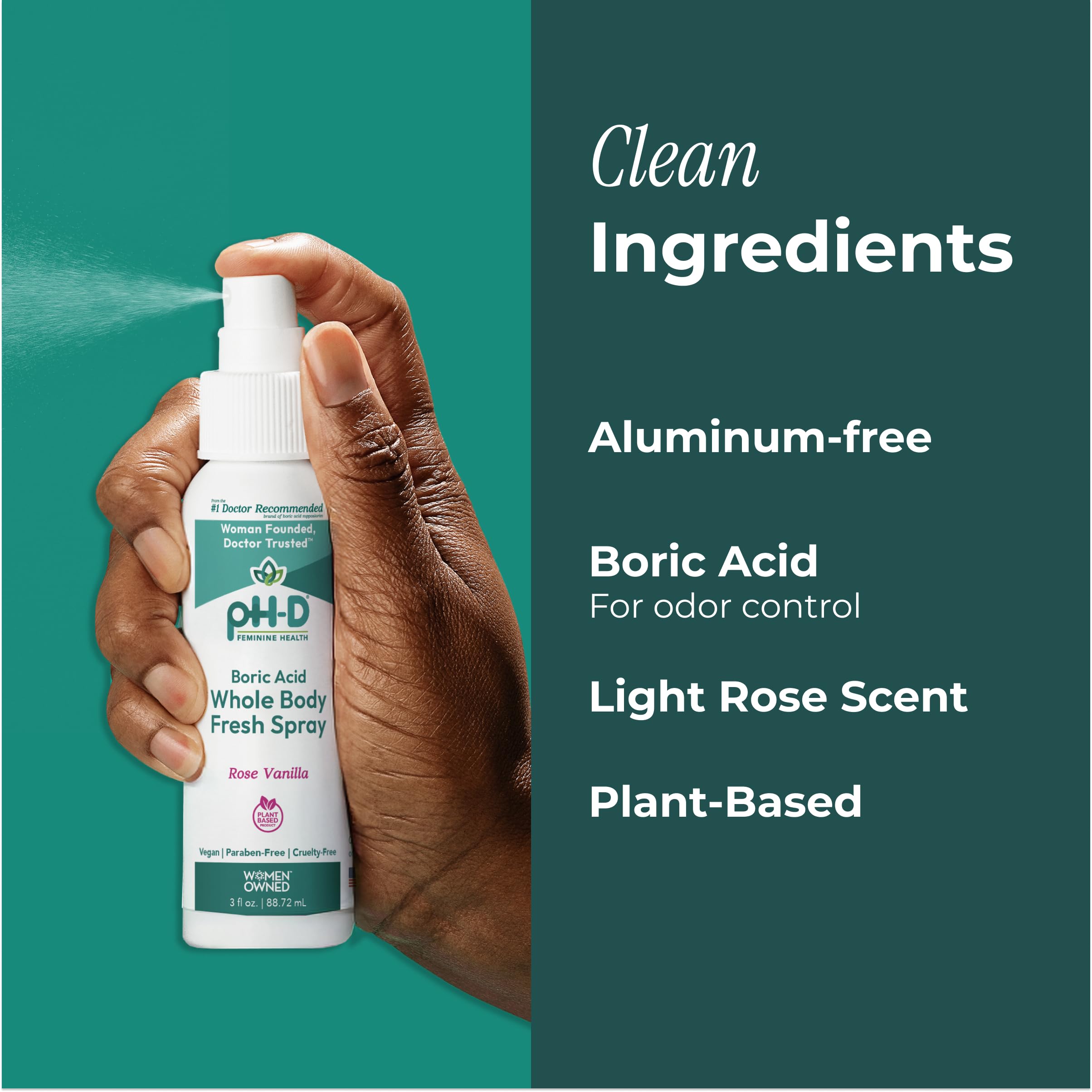 ph-D Feminine Health Support rose-vanilla-scent spray offers easy-application on skin