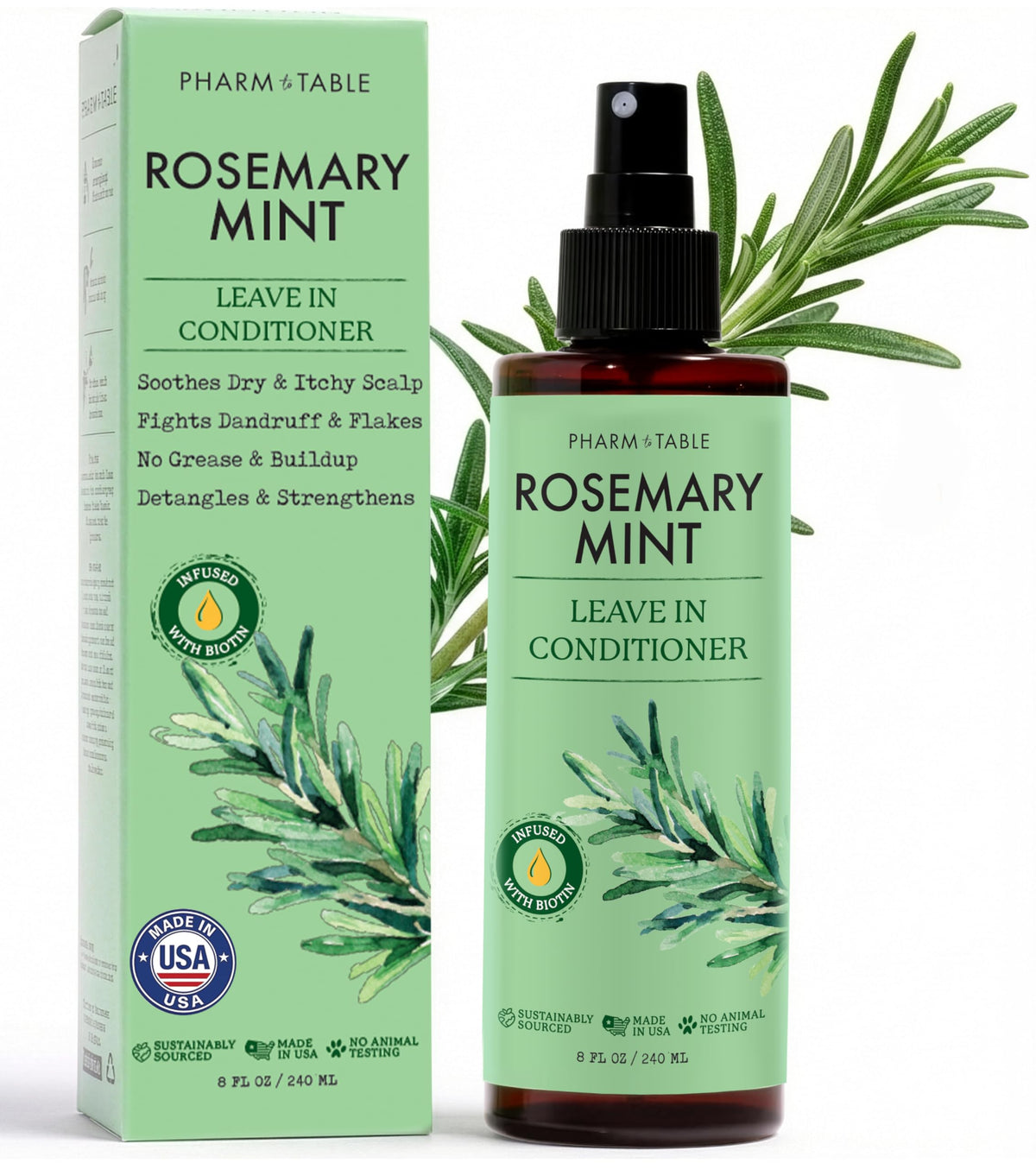 PHARM TO TABLE Leave-In Conditioner Rosemary and Mint bottle pour promotes scalp hydration.