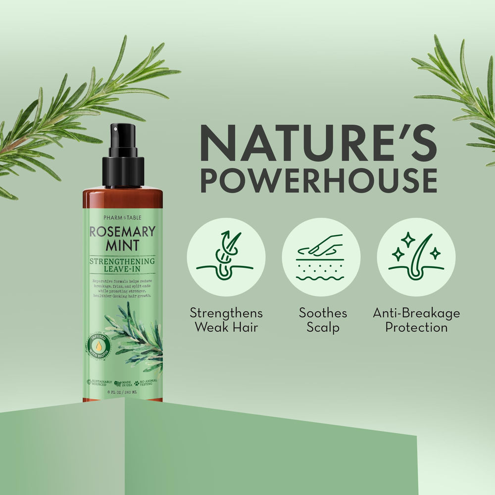 PHARM TO TABLE Leave-In Conditioner Rosemary and Mint scalp closeup suggests cooling relief.