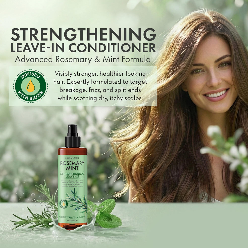 PHARM TO TABLE Leave-In Conditioner Rosemary and Mint spray application supports detangling.