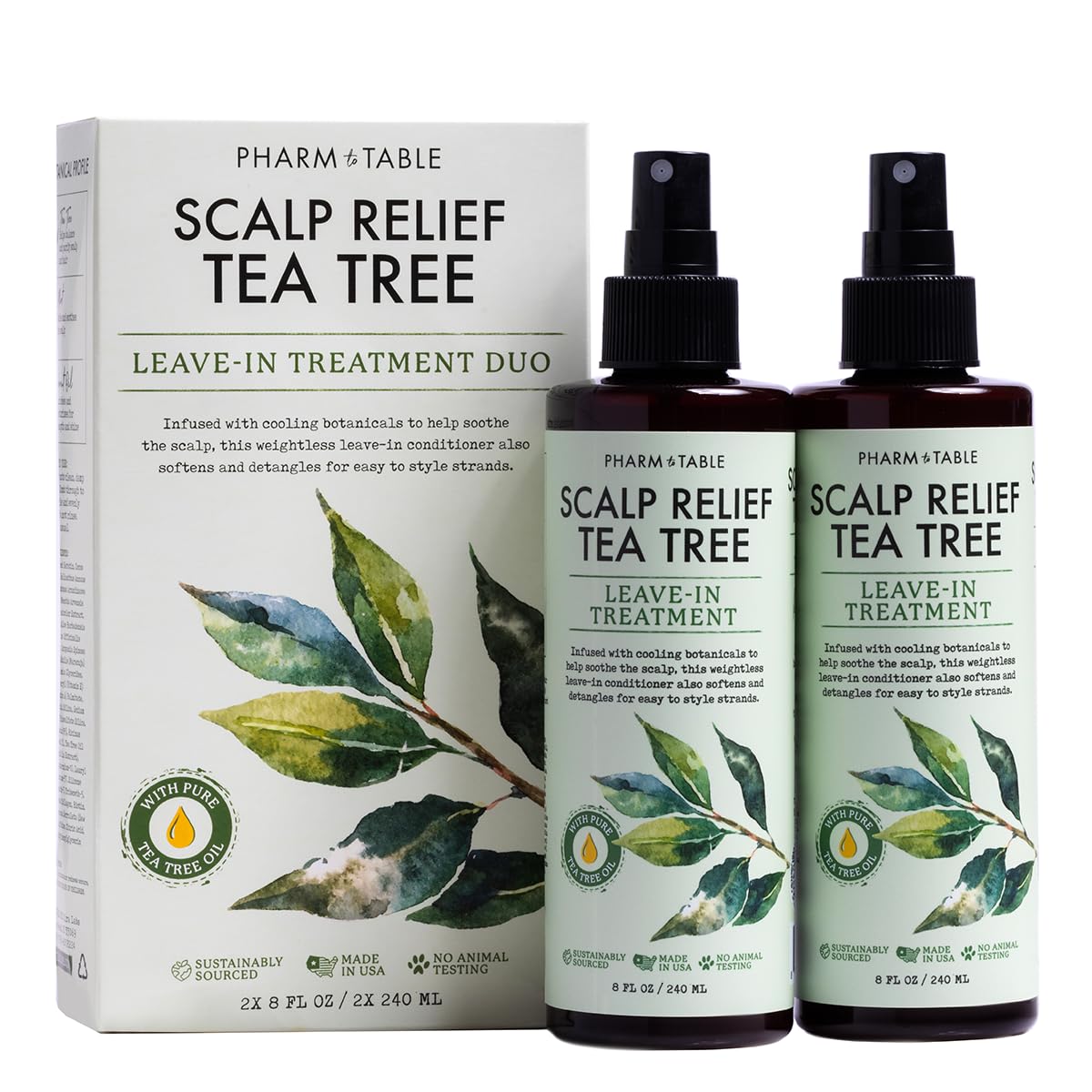 PHARM TO TABLE leave-in tea tree spray bottle for scalp care and hydration.