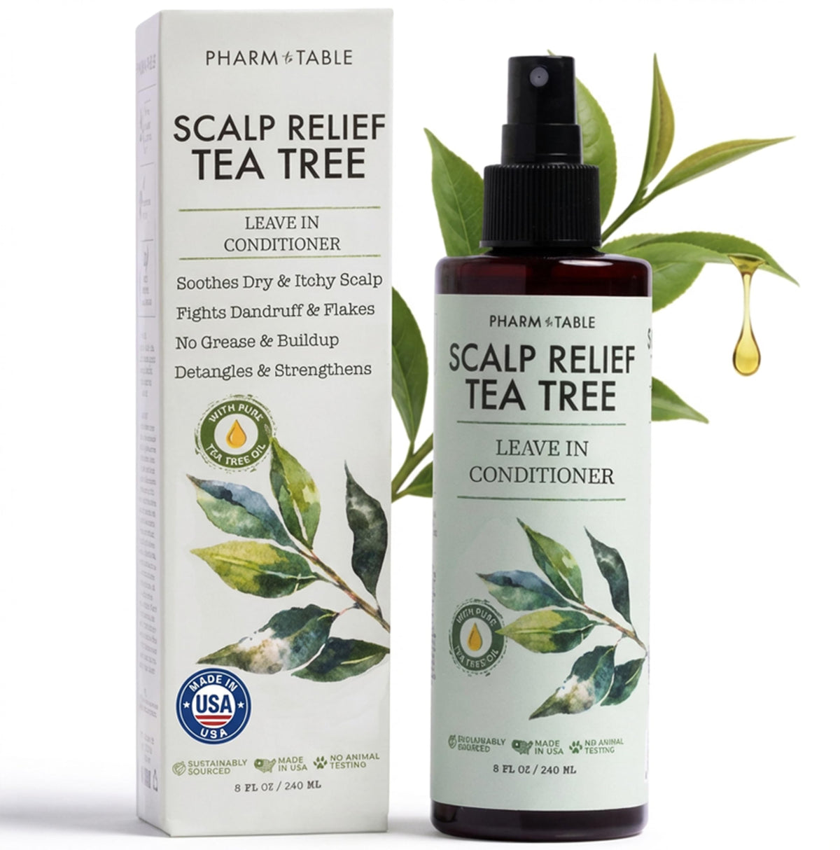PHARM TO TABLE Tea Tree Leave-In Spray bottle for quick scalp relief and detangling