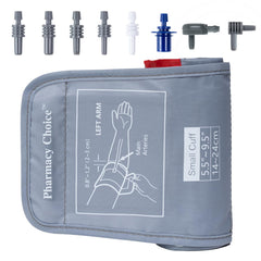 Pharmacy Choice small BP cuff on a kid's slim arm for precise readings.