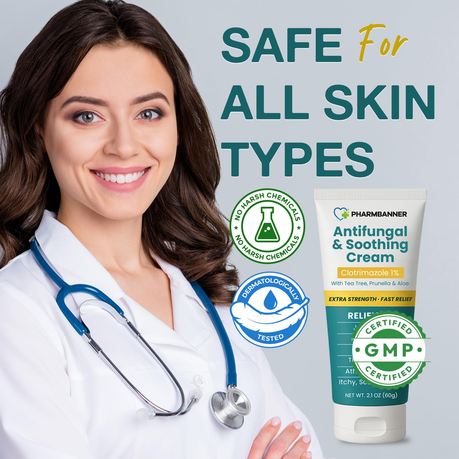 PHARMBANNER antifungal cream infused with tea tree oil for calm skin.