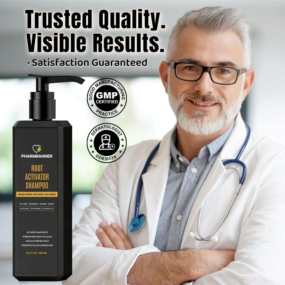 PHARMBANNER Root Activator packaging emphasizes a sulfate-free formula and usage guidance.