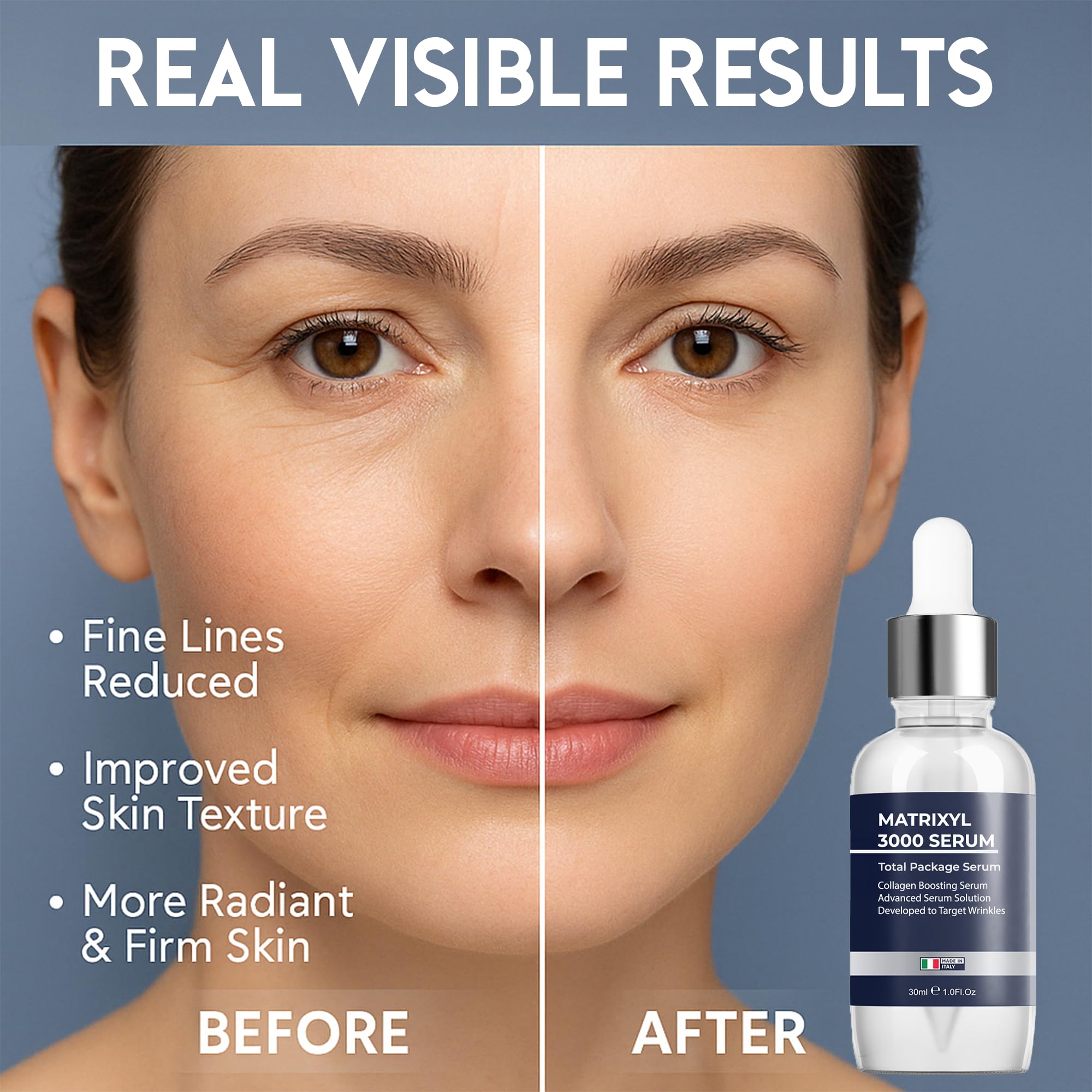 Pharmlitalia Collagen-Boost Serum closeup showcases lifted and toned appearance