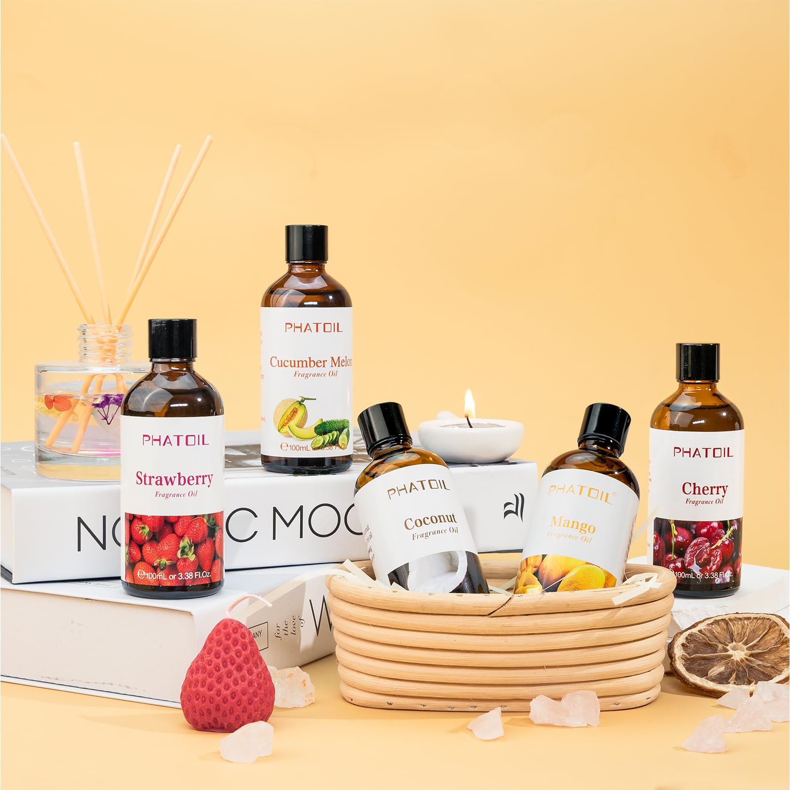 PHATOIL peach fragrance oil in a cozy ambient room setting.